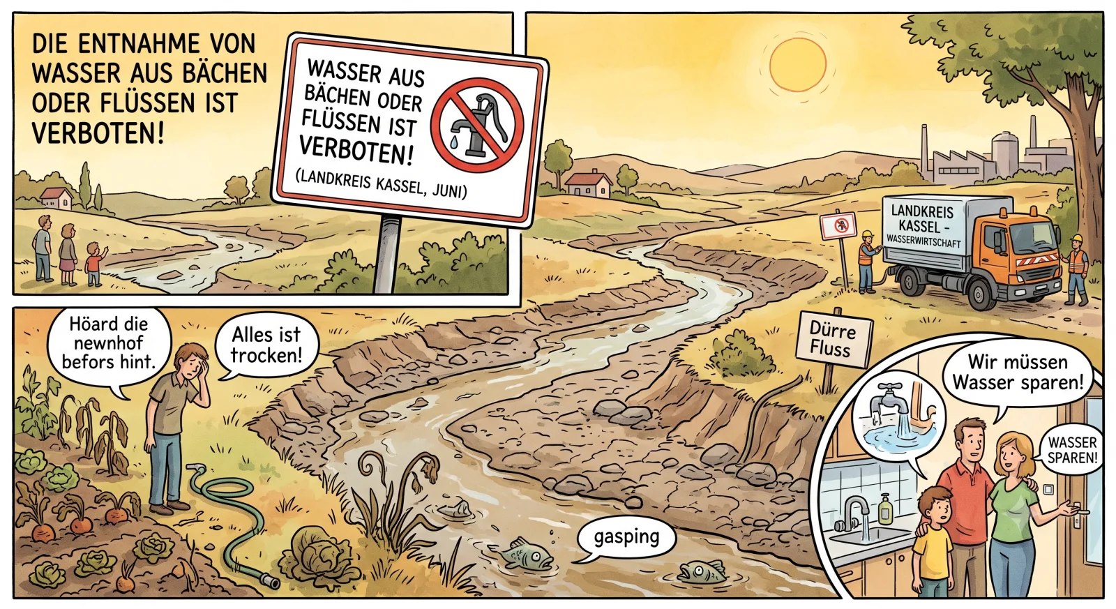 Ausgetrocknetes Flussbett im Landkreis Kassel mit Verbotsschild zur Wasserentnahme (Illustration)